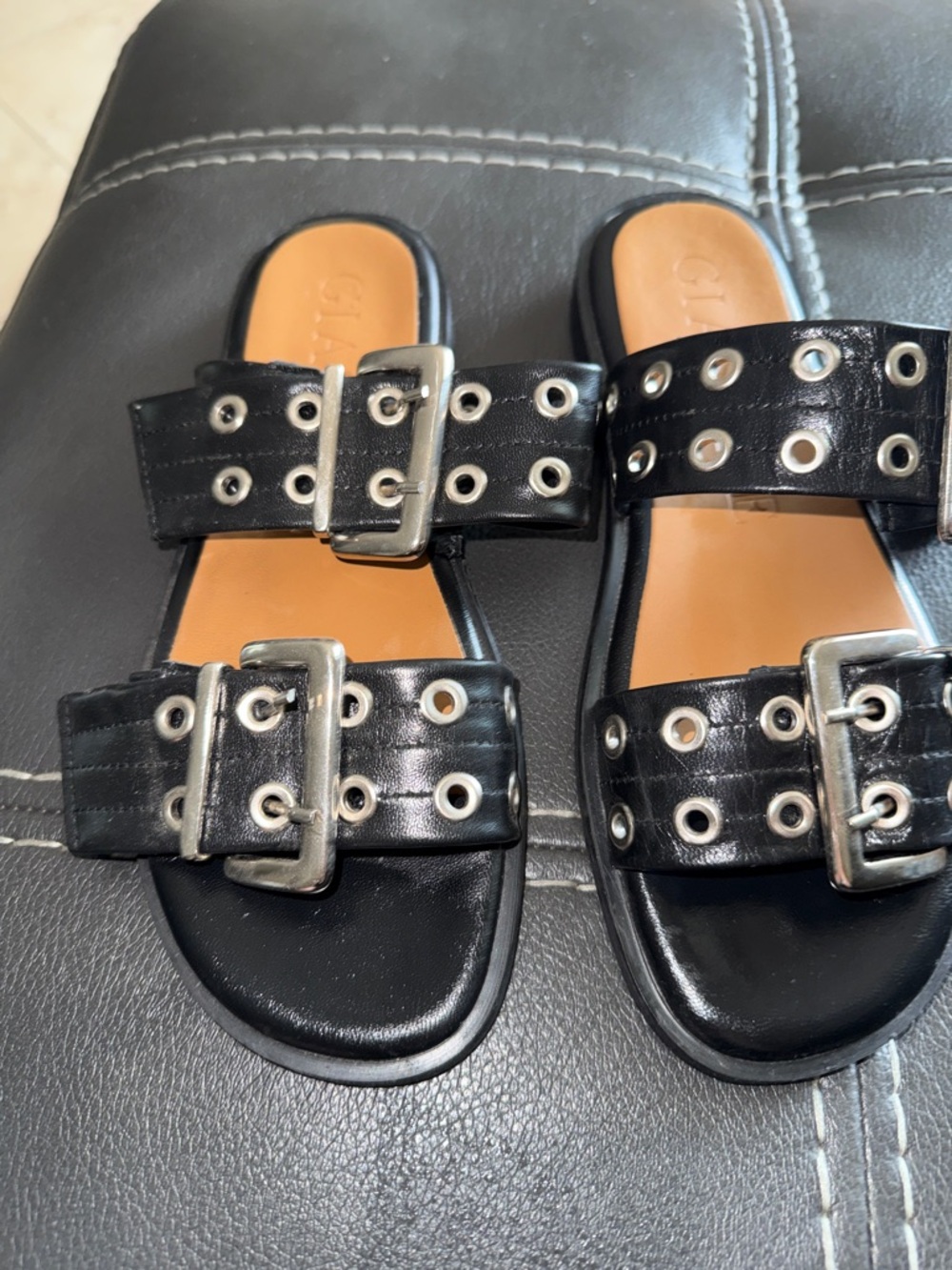 Giasone Black Double-Buckle Grommet Slide Sandals for Women size 37/6.5